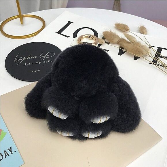 Real Rabbit fur pompom keychain - KC032 Black - Picture 1 of 1